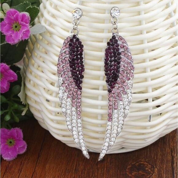 Silver with Amethyst and Pink Sapphire Austrian Crystal Angel Wing Post Earrings - Picture 2 of 4
